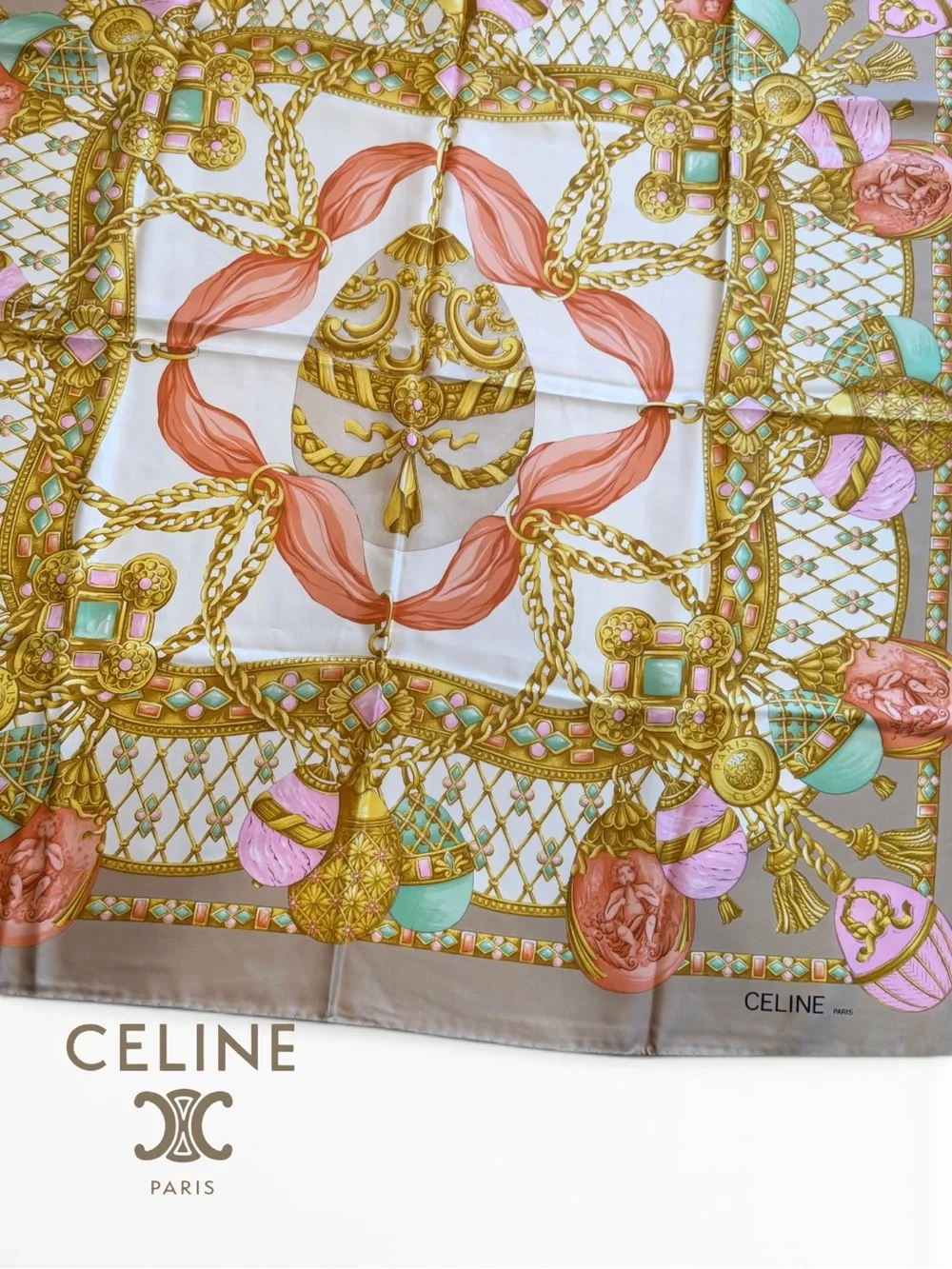 Celine Silk Scarf in Taupe, Pink & Mint with Gold Motif